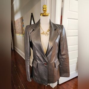 Ellen Tracy Metallic Silver Leather Notch Lapel Jacket, Size 2